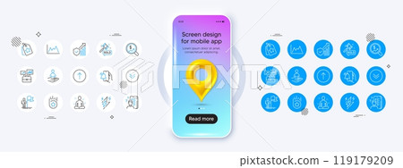 Phone mockup with 3d map pin icon. Business portfolio, Swipe up and Leadership line icons. Pack of Lightning bolt, Yoga, Loyalty star icon. Security statistics, Survey, Recruitment pictogram. Vector 119179209