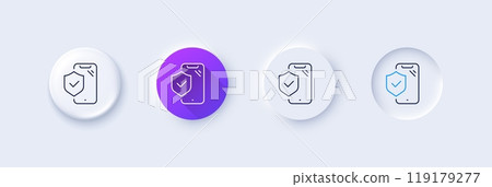 Phone insurance hand line icon. Neumorphic, Purple gradient, 3d pin buttons. Risk coverage sign. Device protection symbol. Line icons. Neumorphic buttons with outline signs. Vector Phone insurance hand line icon. Neumorphic, Purple gradient, 3d pin buttons. Risk coverage sign. Device protection symbol. Line icons. Neumorphic buttons with outline signs. Vector 119179277