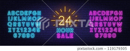 24 Hour Sale neon sign on brick wall background. 24 Hour Sale neon sign on brick wall background. 119179305