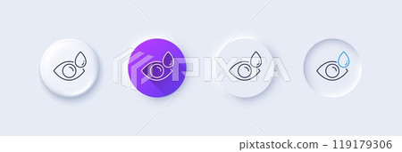 Eye drops line icon. Neumorphic, Purple gradient, 3d pin buttons. Oculist clinic sign. Optometry vision symbol. Line icons. Neumorphic buttons with outline signs. Vector Eye drops line icon. Neumorphic, Purple gradient, 3d pin buttons. Oculist clinic sign. Optometry vision symbol. Line icons. Neumorphic buttons with outline signs. Vector 119179306