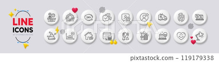 Video conference, Car service and Group line icons. White buttons 3d icons. Pack of Smile face, Loan house, Cyber attack icon. Pyramid chart, Annual tax, Fingerprint pictogram. Vector 119179338
