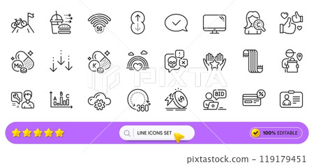 Online auction, Computer and Mountain bike line icons for web app. Pack of Swipe up, Id card, Cloud computing pictogram icons. Repairman, Delivery man, Like signs. Vitamin k, Lgbt. Search bar. Vector 119179451