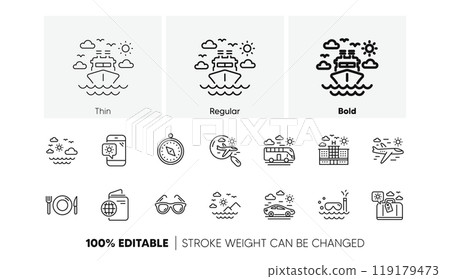 Passport, Luggage and Check in airport. Travel line icons. Sunglasses linear icon set. Line icons set. Vector 119179473