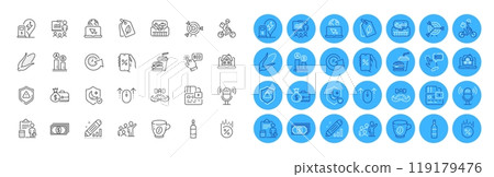 Brandy bottle, Guard and Swipe up line icons pack. Internet, Accounting, Payment web icon. Hamburger, Card, Father day pictogram. Loan percent, Delivery bike, Toolbox. Attention, Target. Vector 119179476