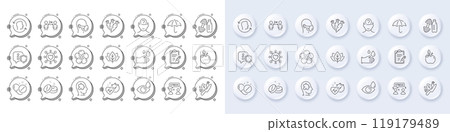 Dumbbell, Social distancing and Shield line icons. White pin 3d buttons, chat bubbles icons. Pack of Mental conundrum, Face id, Vaccine report icon. Vector 119179489