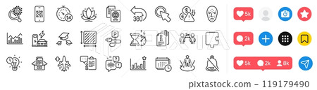 360 degrees, Augmented reality and Quarantine line icons pack. Social media icons. Coronavirus research, Attached info, Calendar web icon. Click here, Square area, Charging station pictogram. Vector 119179490