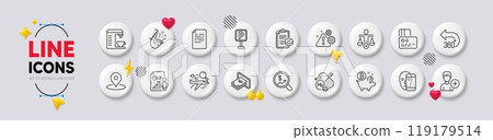360 degrees, Coffee machine and Business report line icons. White buttons 3d icons. Pack of Jazz, Document, Medical prescription icon. Search flight, Card, Cash pictogram. Vector 119179514