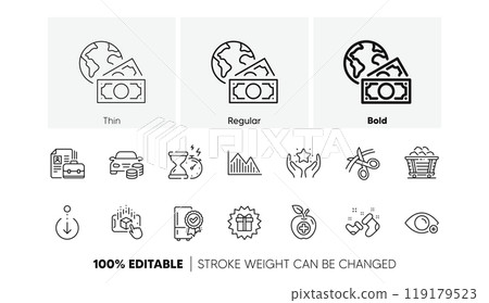 Santa boots, Coal trolley and Hourglass timer line icons. Pack of Medical food, Buy car, Scissors icon. Investment graph, Surprise gift, Certified refrigerator pictogram. Line icons. Vector 119179523