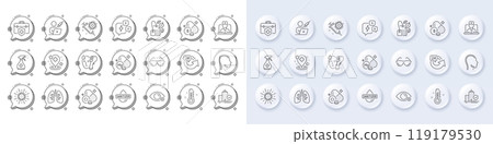 Apartment insurance, Electronic thermometer and Hospital line icons. White pin 3d buttons, chat bubbles icons. Pack of Head, Medical cleaning, Riboflavin vitamin icon. Vector 119179530