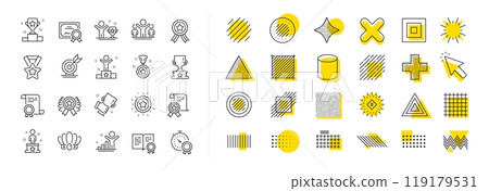 Winner cup, goal target, certificate. Design shape elements. Success line icons. Reward, medal with ribbon, crown icons. Award, winner podium, first place success. Vector 119179531