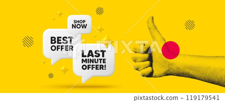 Hand showing thumb up like sign. Last minute offer tag. Special price deal sign. Advertising discounts symbol. Last minute offer chat box 3d message. Grain dots hand. Like thumb up sign. Vector Hand showing thumb up like sign. Last minute offer tag. Special price deal sign. Advertising discounts symbol. Last minute offer chat box 3d message. Grain dots hand. Like thumb up sign. Vector 119179541