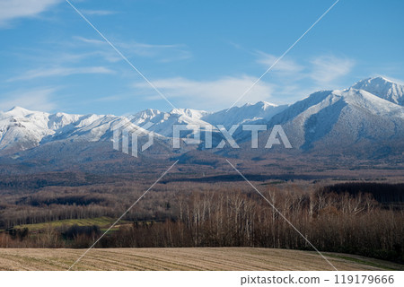 Autumn woodland and snow-capped mountains 119179666