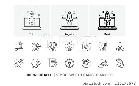 Launch Project, Business report and Target. Startup line icons. Strategy linear icon set. Line icons set. Vector 119179678
