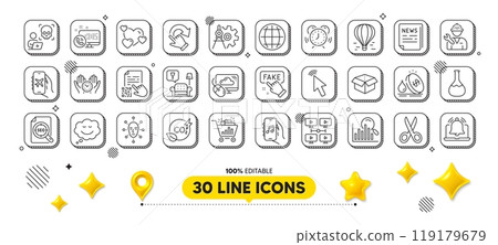 Repairman, Speech bubble and Fuel price line icons pack. 3d design elements. Globe, Co2 gas, Cut web icon. Air balloon, Video conference, Search pictogram. Face biometrics, Fake news, Web call. Vector 119179679