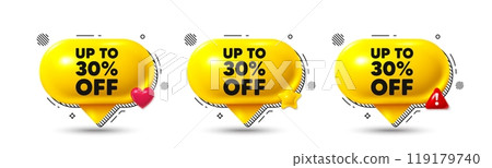 Chat speech bubble 3d icons. Up to 30 percent off sale. Discount offer price sign. Special offer symbol. Save 30 percentages. Discount tag chat offer. Speech bubble banners. Text box balloon. Vector Chat speech bubble 3d icons. Up to 30 percent off sale. Discount offer price sign. Special offer symbol. Save 30 percentages. Discount tag chat offer. Speech bubble banners. Text box balloon. Vector 119179740