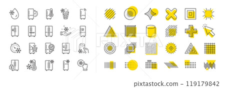 Refrigerator, freezer storage, smart fridge machine. Design shape elements. Fridge line icons. Water with ice, cooler box, thermometer icons. Vector Refrigerator, freezer storage, smart fridge machine. Design shape elements. Fridge line icons. Water with ice, cooler box, thermometer icons. Vector 119179842