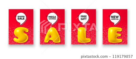 Poster templates with 3d sale text. Season sale tag. Special offer price sign. Advertising discounts symbol. Season sale poster frame message. Offer chat bubbles. Text speech balloon. Vector 119179857