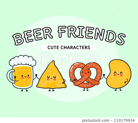Cute, funny happy glass of beer, nachos, chips, pretzel. Vector hand drawn cartoon kawaii characters, illustration icon. Funny cartoon glass of beer, nachos pretzel chips mascot friends concept 119179934