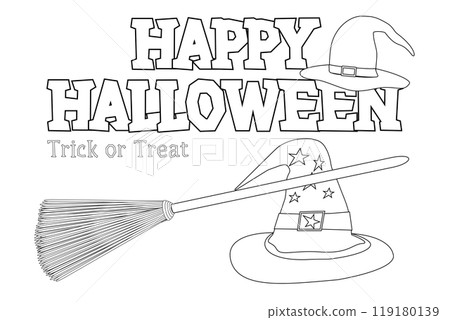 Halloween Coloring Page with Witch Hat and Broom 119180139