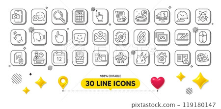 Cash transit, Phone photo and Sales diagram line icons pack. 3d design elements. Presentation time, Photo album, Research web icon. Fire energy, Touchscreen gesture, Cursor pictogram. Vector 119180147