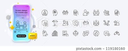 Refresh like, Business podium and Volunteer line icons for web app. Phone mockup gradient screen. Pack of Agent, Analysis app, Anxiety pictogram icons. Parcel invoice, Teamwork, Ethics signs. Vector Refresh like, Business podium and Volunteer line icons for web app. Phone mockup gradient screen. Pack of Agent, Analysis app, Anxiety pictogram icons. Parcel invoice, Teamwork, Ethics signs. Vector 119180160