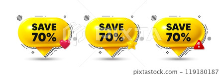 Chat speech bubble 3d icons. Save 70 percent off tag. Sale Discount offer price sign. Special offer symbol. Discount chat offer. Speech bubble banners. Text box balloon. Vector Chat speech bubble 3d icons. Save 70 percent off tag. Sale Discount offer price sign. Special offer symbol. Discount chat offer. Speech bubble banners. Text box balloon. Vector 119180187