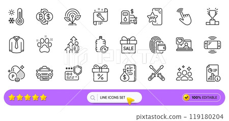Game console, Money and Sale offer line icons for web app. Pack of Shirt, Cursor, Incubator pictogram icons. Winner podium, Report, Phosphorus mineral signs. Payment protection. Search bar. Vector 119180204