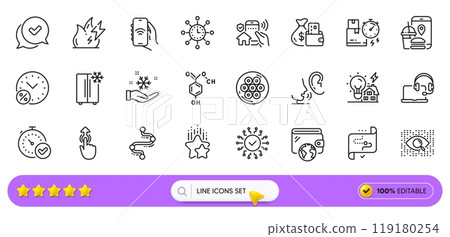 Timeline, Whisper and Building energy line icons for web app. Pack of Food app, Chemical formula, Approved pictogram icons. Wallet, Refrigerator, Swipe up signs. Fast verification . Search bar. Vector Timeline, Whisper and Building energy line icons for web app. Pack of Food app, Chemical formula, Approved pictogram icons. Wallet, Refrigerator, Swipe up signs. Fast verification . Search bar. Vector 119180254