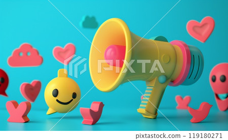 Image of loudspeaker and bouncing social media icons 119180271