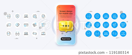 Phone mockup with 3d chat icon. Favorite app, Biometric security and Credit card line icons. Pack of Wireless charging, Cashback, Home charging icon. Vector Phone mockup with 3d chat icon. Favorite app, Biometric security and Credit card line icons. Pack of Wireless charging, Cashback, Home charging icon. Vector 119180314
