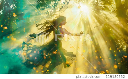 Ethereal forest nymph among sunbeams 119180332