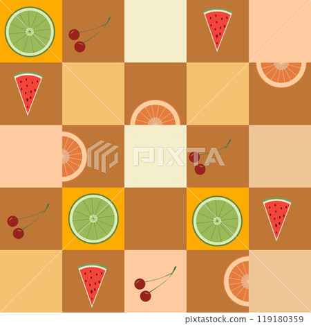 pattern with fruits, citrus fruits, orange, lime, watermelon and cherry. It can be used as a print for fabrics, banners and posters 119180359