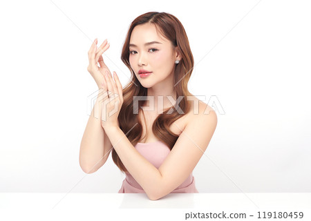 Beautiful young asian woman with clean fresh skin on white background, Face care, Facial treatment, Cosmetology, beauty and spa, Asian women portrait. 119180459