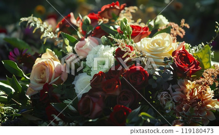 Blooms of love adorn a coffin. A life mourned 119180473