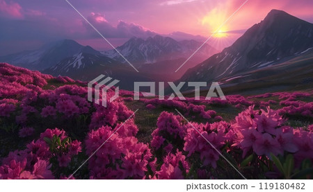 Sun-kissed mountains ablaze with rhododendrons 119180482