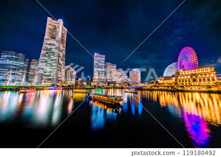 Yokohama cityscape in Japan in October. View of Yokohama Landmark Tower, houseboats, and the Minato Mirai area on the 11th 119180492