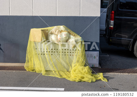 Garbage with yellow netting before collection Garbage with yellow netting before collection 119180532