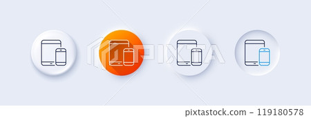 Mobile Devices icon. Neumorphic, Orange gradient, 3d pin buttons. Smartphone and Tablet PC signs. Touchscreen gadget symbols. Line icons. Neumorphic buttons with outline signs. Vector Mobile Devices icon. Neumorphic, Orange gradient, 3d pin buttons. Smartphone and Tablet PC signs. Touchscreen gadget symbols. Line icons. Neumorphic buttons with outline signs. Vector 119180578