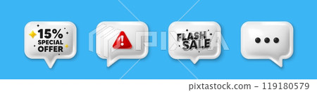Offer speech bubble 3d icons. 15 percent discount offer tag. Sale price promo sign. Special offer symbol. Discount chat offer. Flash sale, danger alert. Text box balloon. Vector Offer speech bubble 3d icons. 15 percent discount offer tag. Sale price promo sign. Special offer symbol. Discount chat offer. Flash sale, danger alert. Text box balloon. Vector 119180579