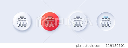 Employees group line icon. Neumorphic, Red gradient, 3d pin buttons. Collaboration sign. Development partners symbol. Line icons. Neumorphic buttons with outline signs. Vector Employees group line icon. Neumorphic, Red gradient, 3d pin buttons. Collaboration sign. Development partners symbol. Line icons. Neumorphic buttons with outline signs. Vector 119180601