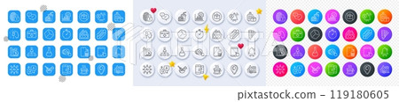 Timer, Coffee cup and No handbag line icons. Square, Gradient, Pin 3d buttons. AI, QA and map pin icons. Pack of Lock, Chemistry lab, Dice icon. Budget, Hotdog, Tablet pc pictogram. Vector 119180605