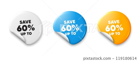 Save up to 60 percent. Price tag sticker with offer message. Discount Sale offer price sign. Special offer symbol. Sticker tag banners. Discount label badge. Vector Save up to 60 percent. Price tag sticker with offer message. Discount Sale offer price sign. Special offer symbol. Sticker tag banners. Discount label badge. Vector 119180614