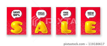 Poster templates with 3d sale text. Save 50 percent off tag. Sale Discount offer price sign. Special offer symbol. Discount poster frame message. Offer chat bubbles. Text speech balloon. Vector 119180617