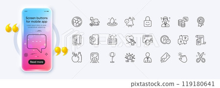 Social care, Information bell and Lock line icons for web app. Phone mockup gradient screen. Pack of Parking time, Positive feedback, Money tax pictogram icons. Vector 119180641
