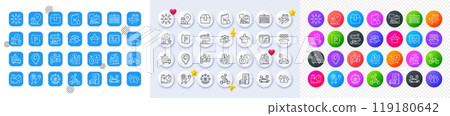 Shipment, Select flight and Flight sale line icons. Square, Gradient, Pin 3d buttons. AI, QA and map pin icons. Pack of Petrol station, Bike path, Map icon. Vector 119180642
