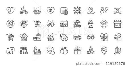 Baggage size, Christmas ball and Vr line icons pack. AI, Question and Answer, Map pin icons. Shopping cart, Ice cream, Special offer web icon. New star, Christmas calendar, Pin pictogram. Vector Baggage size, Christmas ball and Vr line icons pack. AI, Question and Answer, Map pin icons. Shopping cart, Ice cream, Special offer web icon. New star, Christmas calendar, Pin pictogram. Vector 119180676