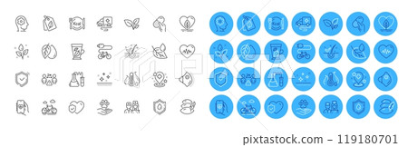 Heartbeat, Medical mask and Doctor line icons pack. Clean skin, Life insurance, Mineral oil web icon. Shield, Calories, Pillow pictogram. Electric bike, Social distance, Plants watering. Vector 119180701