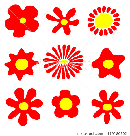 Abstract minimalist flowers icon set. Modern abstract graphic design elements. Doodle style, simple color red and yellow Abstract minimalist flowers icon set. Modern abstract graphic design elements. Doodle style, simple color red and yellow 119180702