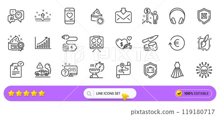 Luggage protect, Social care and Sun cream line icons for web app. Pack of Headphones, Qr code, Potato chips pictogram icons. Graph chart, Clean skin, Exchange currency signs. Search bar. Vector Luggage protect, Social care and Sun cream line icons for web app. Pack of Headphones, Qr code, Potato chips pictogram icons. Graph chart, Clean skin, Exchange currency signs. Search bar. Vector 119180717