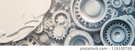 A streamlined background of abstract gears and cogwheels in grey and white, symbolizing precision engineering. 119180788